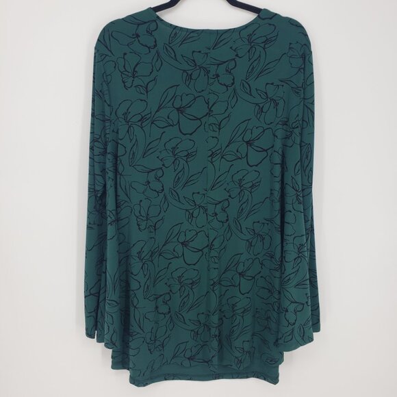 Lane Bryant Floral Print Keyhole Cut Out Blouse Top 22 Long Sleeves Green Black - Picture 2 of 9